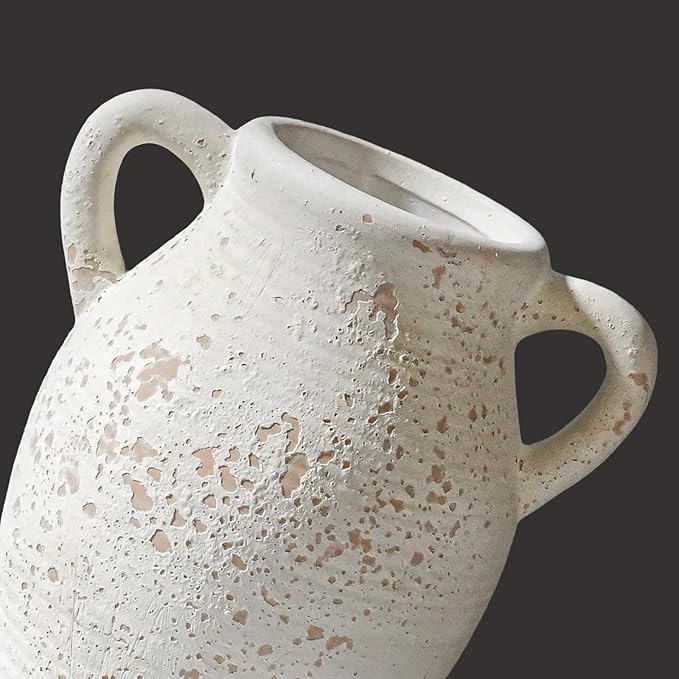 Sunddo Rustic Ceramic Flower Vase with 2 Handles, Textured Farmhouse Vase, White Modern Decorative Vases, Living Room, Shelf, Mantle, Entryway, Fireplace Decor
