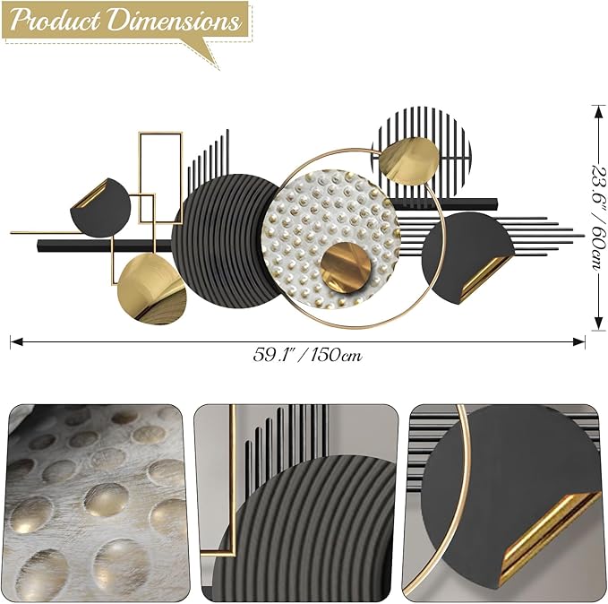 Lucky Monet Large Wall Decor for Living Room, Modern Metal Wall Art, 3D Textured Geometric Wall Sculpture 59"x24" Wall Hanging Decoration for Dinning Room Bedroom Entryway