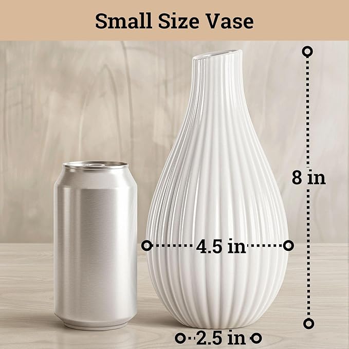 8 Inch White Ceramic Vase for Flowers, Centerpieces and Home Decor - Stylish Ribbed Textured 8 Inch Small White Vase for Pampas Grass - Decorative Vases for Centerpieces - Textured Vases Home Decor