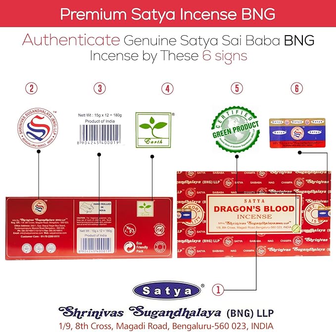 Satya Dragon Blood Incense Sticks, Satya Bng (Bangalore) Insenses 15gmx12 Pack with Raajsee Incense Holder Bundle, Satya Nag Champa Natural Incense