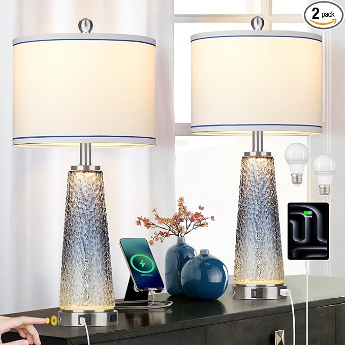 Coastal Glass Table Lamps for Living Room, 26" Table Lamps with USB A+C Ports & AC Outlet, Touch Control Bedside Nightstand Lamp with Crystal Night Light for End Table Office Desk Blue(Bulbs Included)