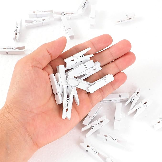 100Pcs White Mini Wooden Clothespins with 328ft Jute Twine - Photo Display Clips for Hanging Pictures, Crafts, Wall Art, Baby Showers (1.4 Inch, White)