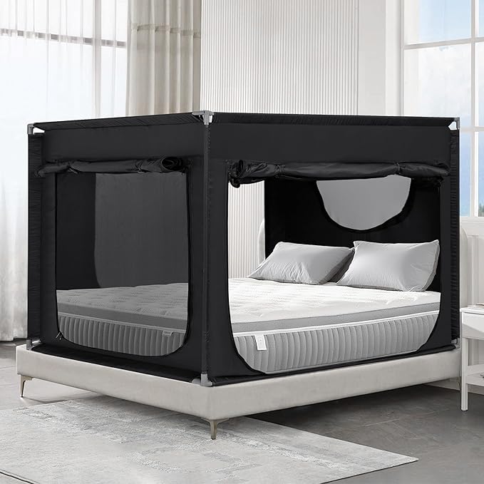 Bed Canopy Portable Blackout Bed Tent Privacy Tent for Adult Indoor Sleeping with 3 Doors, Storage Bag