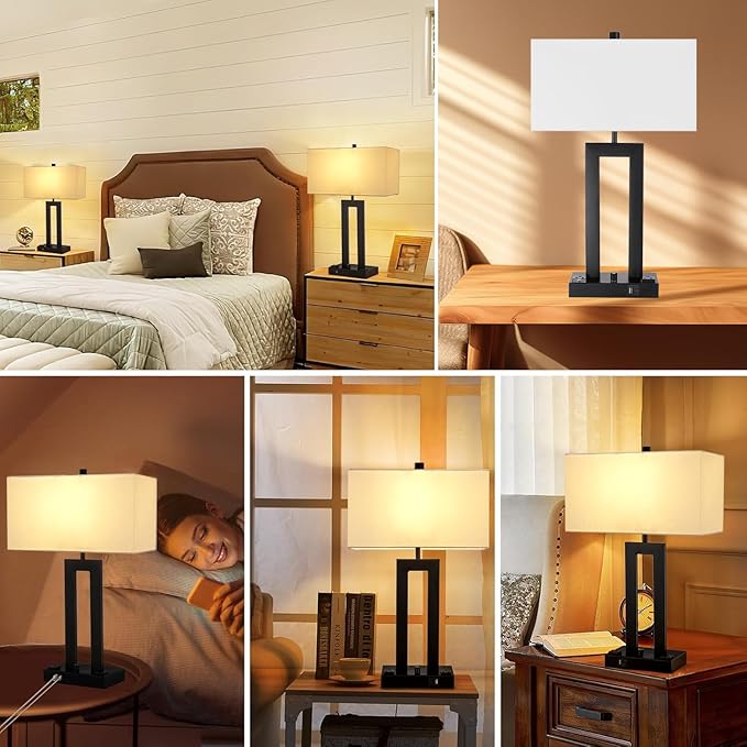 Modern Table Lamps Set of 2-22" Tall Bedside Lamps with USB-C/USB-A Charge Ports & Outlet, Stepless Dimmable Fabric White Shade Nightstand Lamps for Bedroom & Living Room
