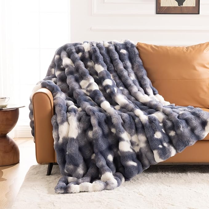 Cozy Faux Fur Throw Blanket for Bed Warm Fuzzy Throw Blanket, Soft Plush Thick Bubble Blankets for Bedroom and Living Room, Furry Luxury Blanket, 60 x 80,Tie-Dye Blue
