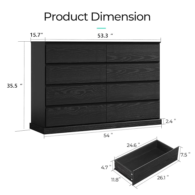 LINSY HOME 8 Drawer Dresser for Bedroom, 53" Wide Chest of Deep Drawers, Modern Farmhouse Wood Dressers with Storage, Large Drawer Organizer for Bedroom, Living Room, Handless Design, Black