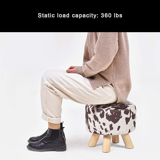 Asense Small Round Ottoman Foot Rest Stool Linen Padded Seat Footstool Ottoman with Anti-Slip Wooden Legs (Cow Brown,Linen)