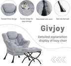 Plush Lazy Chair and Ottoman, Large Contemporary Accent Lounge Chair with Armrests and a Side Pocket, Modern Leisure Upholstered Sofa Reading Armchair with Footrest for Bedroom, Living Room