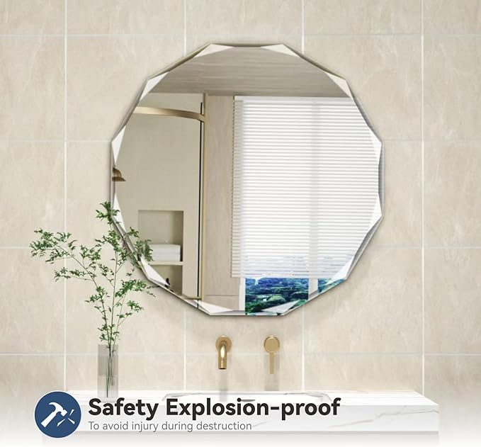 Single Beveled Edge Circle Mirror Frameless Wall Mount Bathroom Vanity Mirror, 20”