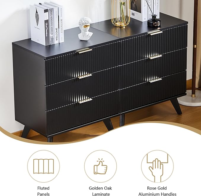 Fluted 3 Drawer Dressers, Modern Closet Dressers Chest of Drawers, Wood Storage Dresser Chest of Drawers Organizer for Bedroom Living Room Hallway Closet(Black)