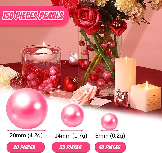 Fuchsia Pink Vase Filler | 150PCS Pearls Bead for Centerpieces Vases | 8/14/20 mm No Hole Beads, Fake Pearls for Wedding Birthday Theme Party Table Centerpieces Decor