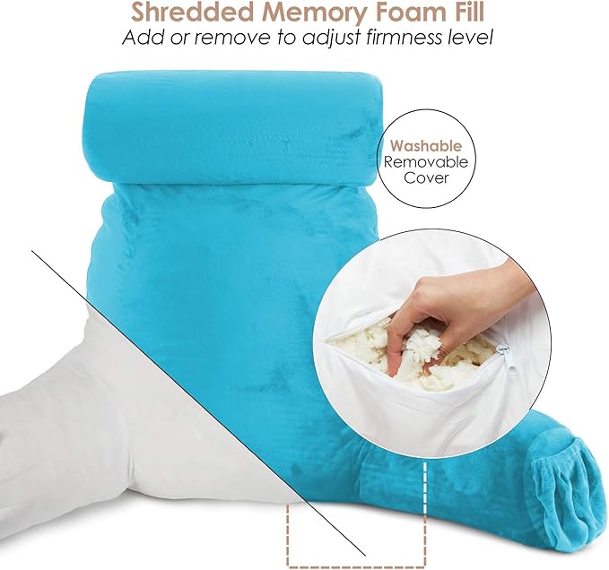 Nestl Reading Pillow Large Bed Pillow, Back Pillow for Sitting in Bed Shredded Memory Foam Chair Pillow, Reading & Bed Rest Pillows Bright Blue Back Pillow for Bed, Bed Chair Arm Pillow with Pockets