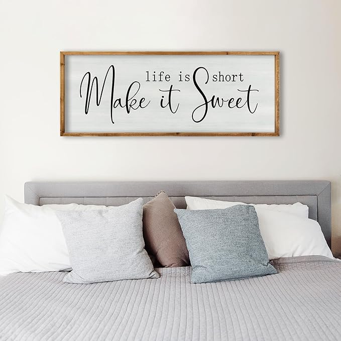 ZZJJHYWGQ Life is Short Make It Sweet Sign Wall Decor 32"×12" for Bedroom Family Lnspirational Quote Large Wood Framed Wall Hanging Art (Wood)