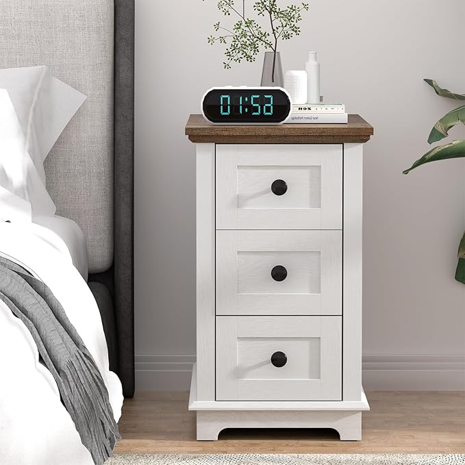 HIFYOBRO Narrow End Table Set of 2, 3 Drawers and Charging Station, Type-C & USB Port & Power outlets, Wooden End Table, Side Table with Storage for Living Room, Bedroom Nightstands