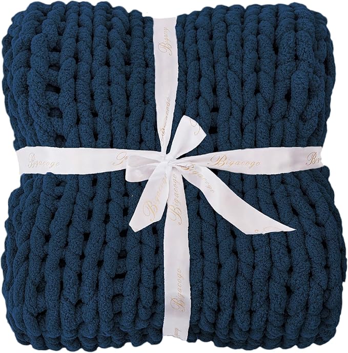 Bigacogo Chunky Knit Throw Blanket for Couch, 40x80 inches, 100% Hand Knitted with Thick Jumbo Chenille Yarn, Cozy Soft Large Rope Knot Cable Crochet Blankets for Sofa Bed Living Room, Navy Blue