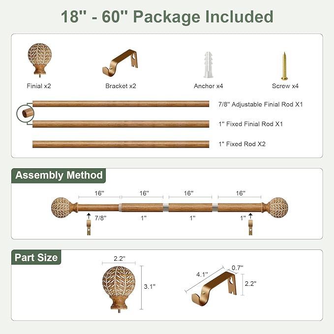 Wood Curtain Rods for Windows 28 to 48 Inch,1'' Diameter Drapery Rods with Imitation Wood Grain Leaf Pattern Finials,Boho Adjustable Heavy Duty Curtain Rods Set,18-60'',Color:Natural Wood