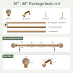 Wood Curtain Rods for Windows 28 to 48 Inch,1'' Diameter Drapery Rods with Imitation Wood Grain Leaf Pattern Finials,Boho Adjustable Heavy Duty Curtain Rods Set,18-60'',Color:Natural Wood