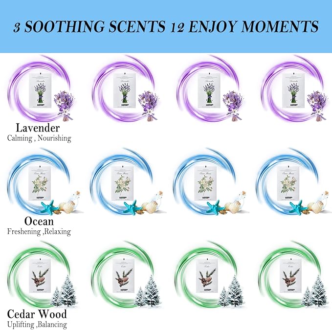 MYARO Scented Sachets 12 Pack Home Fragrance Sachet for Drawers & Closets, Long-Lasting Sachets Bags Cedar Wood, Ocean, Lavender Scented Sachet 3 Scent Air Freshener Scent for Lover