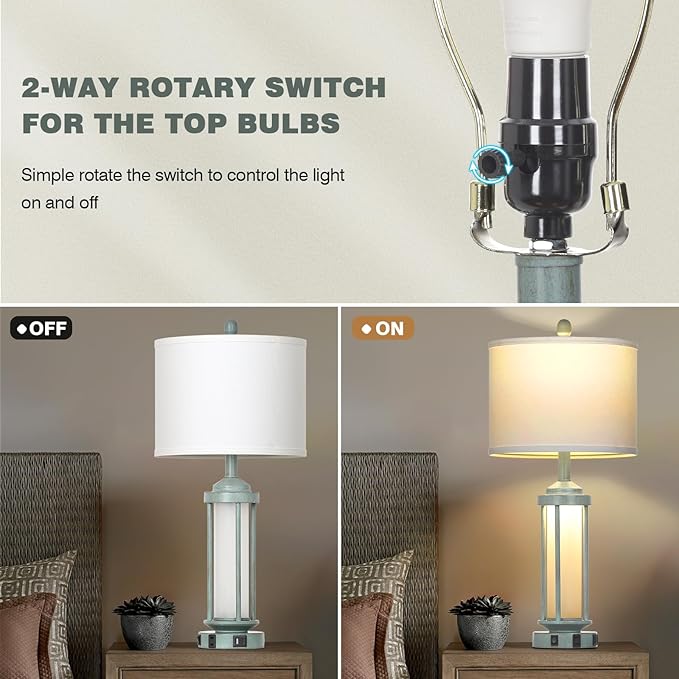 Farmhouse Table Lamps for Living Room, 27" Vintage Rustic Beside Lamp Set of 2 with USB A+C Charging Ports & AC Outlet, Retro Nightstand Lamp with Fabric Shade for Bedroom Entryway(4 Bulbs Included)