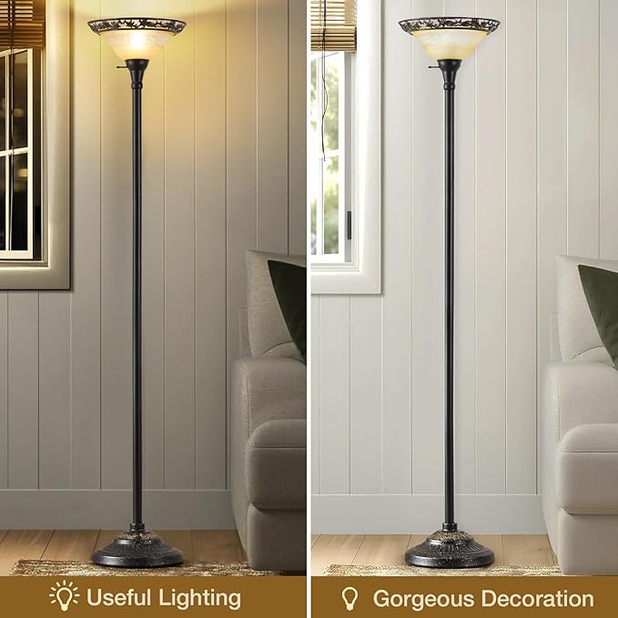Luvkczc Torchiere Floor Lamp for Living Room - 70" Victorian Standing Lamp with Etched Glass Shade, Corner Floor Lamps for Bedroom/Office
