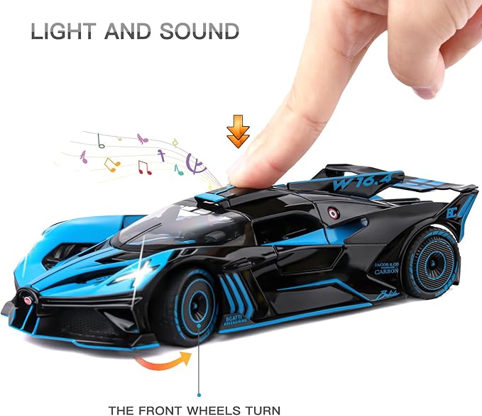 Toy Car Model for Compatible with 1:24 Bolide Alloy Diecast Collect Car Toy with Lights and Music, Pull Back Car Toys for Kids Boys Girls Gift (Blue)
