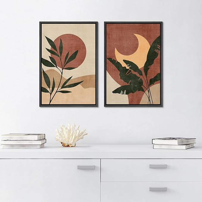 SIGNFORD Framed Canvas Print Wall Art Set Sun & Moon Mid-Century Desert Plants Abstract Shapes Illustration Modern Art Decorative Nordic Nature for Living Room, Bedroom, Office - 16"x24"x2 Black