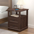 24" Tall End Table with Charging Station, Double 18W Fast Charge End Table, Large 18” Bedside Table with Drawers,Rustic Wood Storage Cabinet with Open Shelf for Bedroom,Cherry