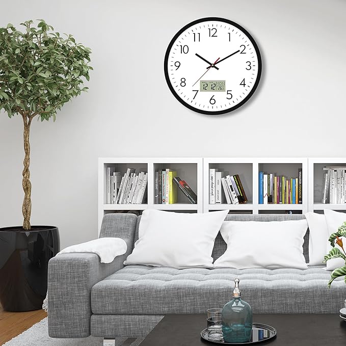 Lumuasky Wall Clock Digital 12" Non-Ticking Silent Battery Operated Analog with LCD Display for Perpetual Calendar and C° Temperature, Ideal Modern Home, Bedroom, Kitchen, Office Decor