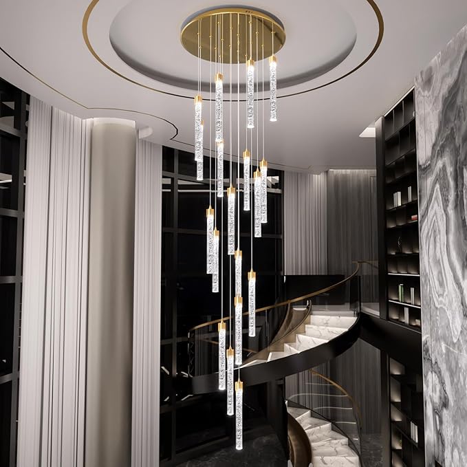 H125'' Modern Crystal Chandeliers for Entryway 18-Lights LED Dimmable Chandeliers Lighting Fixture Large Pendant Light for Staircaes Living Room Villa