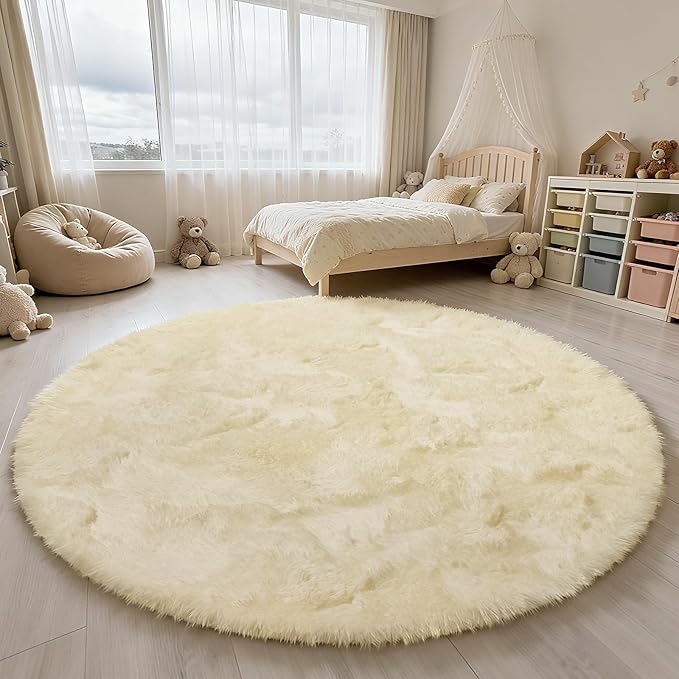 Fluffy Round Area Rugs for Bedroom,Ivory 3'X3'Shag Circle Area Rugs for Girls Room,Non Slip Fuzzy Plush Rug for Kids Room Living Room and Dorm Home Rug