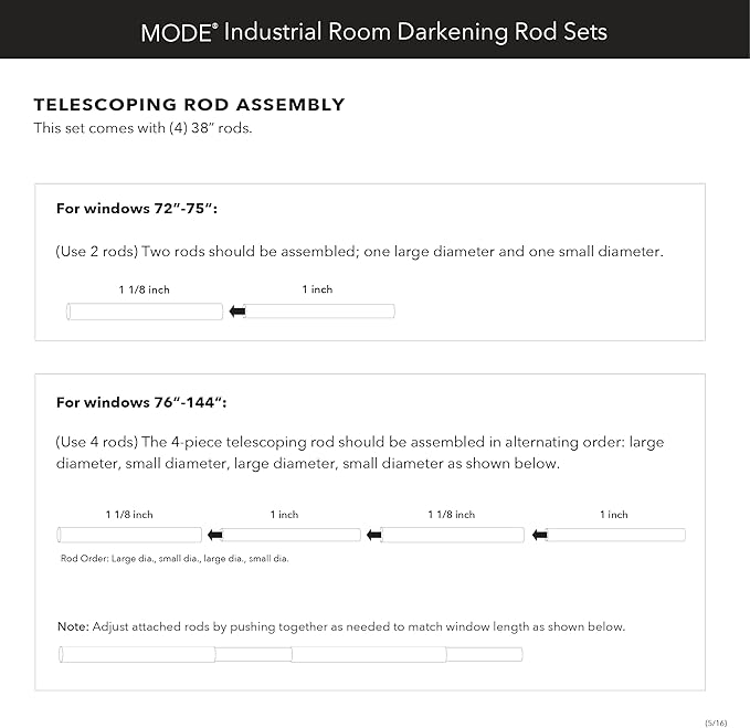 MODE Industrial Room Darkening Collection 1 1/8" Diameter Industrial Curtain Rod Set with Steel Wall Mounted Adjustable Curtain Rod, Blocks Light, Fits 72” to 144” Windows, Brushed Gold