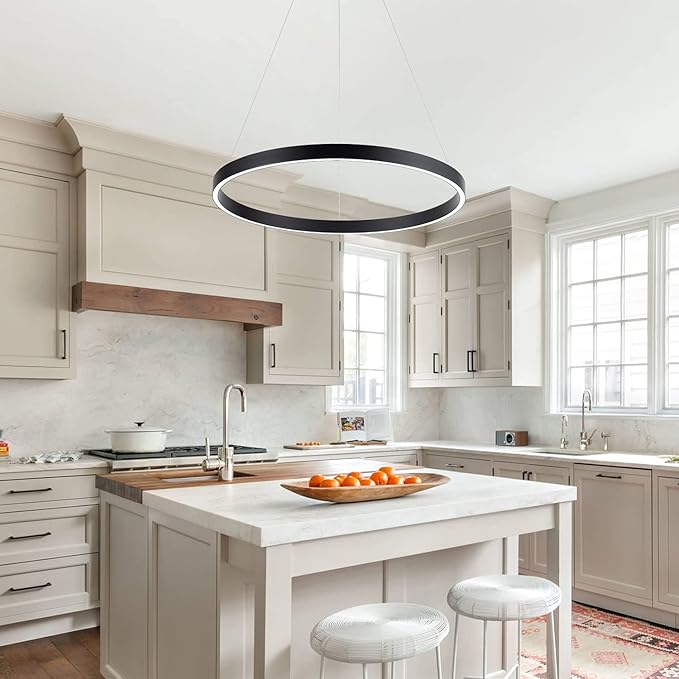 MADEM Room Decor Modern LED Pendant Light 1-Ring Circular Contemporary Chandelier 23.6'' Flush Mount Pendant Lighting for Living Dining Room Bedroom, 6000K Cool White, Black