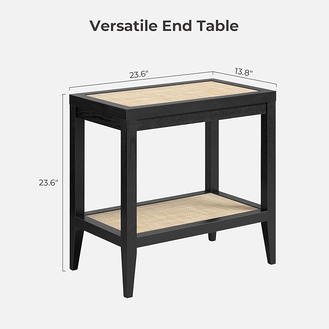 SICOTAS Rattan Nightstands Set of 2 - Boho Shelf Bedside Tables Narrow End Table Living Room Set of 2 Side Table with Rattan Storage Shelves for Small Space - Black Oak