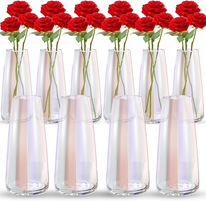 Thenshop 10 Pcs Glass Flower Vases for Centerpieces 8.4" Tall Modern Style Vase Bulk for Bouquet for Home Wedding Party Table Decor House Gifts(Iridescent)