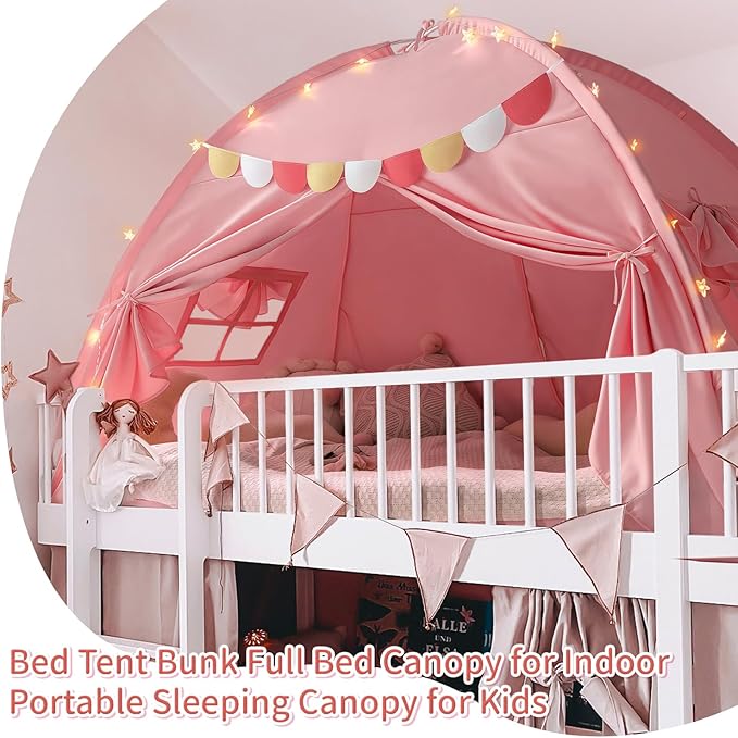 Razee Full Size Bed Canopy for Kids, Girls Bed Tent Dream Privacy Sleeping Tents Indoor, Toddler Under Bunk Bed Pink Tent with Pennant Banners
