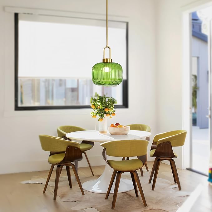 Modern Green Glass Pendant Light Fixtures, Mid Century Pendant Lights for Kitchen Island, 9.8" Gold Adjustable Height Ceiling Hanging Light Fixtures for Dining Room Entryway Bedroom Foyer Hallway