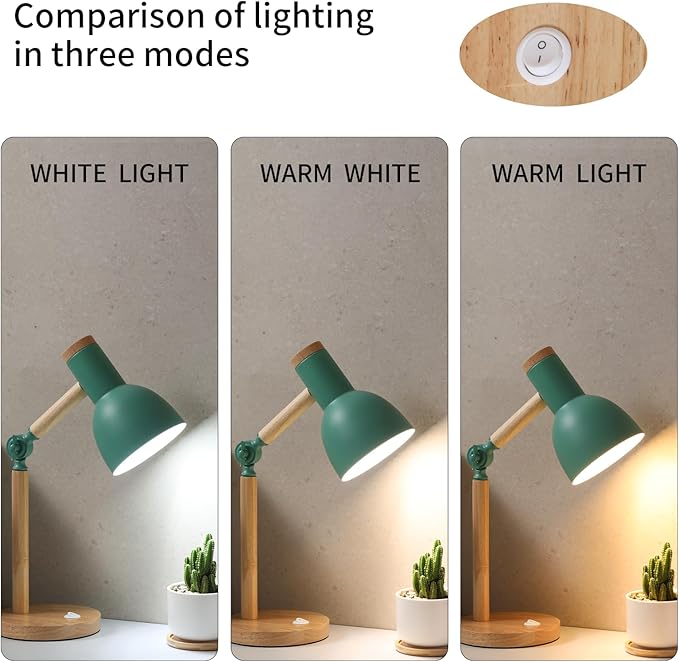 Table Lamp,Wooden Adjustable Tri-Color Desk & Bedside Lamp for Office, Living Room, Bedroom & Kids Room (Green)