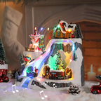 Christmas Village House Musical Christmas Village Skiing on The Mountain Carousel Train Collectible Buildings with LED Lights Vacation with USB Indoor Figurines Decoration