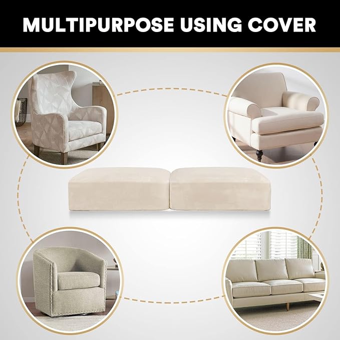 PrinceDeco Velvet Couch Cushion Cover Soft Stretch Cushion Slipcover for Chair Loveseat Sofa Cushion Furniture Protector Seat Cushion Sofa Cover (2 Piece Large Sofa Cushion Covers, Ivory)