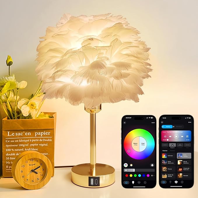 Smart Touch Control Bedside Table Feather Lamp Night Light with USB Charging for Girl, Baby, Alexa Voice Compatible, 9W 800LM Dimmable RGB Color Changing Lamp for Bedroom Nursery Desk Decor