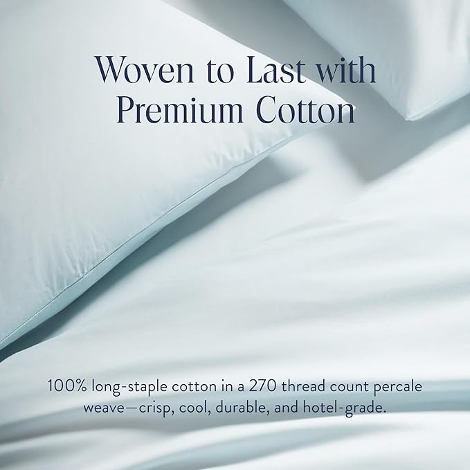 Brooklinen Luxury Percale Duvet Cover – 100% Cotton, Cool, Crisp, Extra-Long Corner Ties, Button Closure, Soft & Breathable – Machine Washable, Duvet Cover Full/Queen Bed Sizes (Sky)
