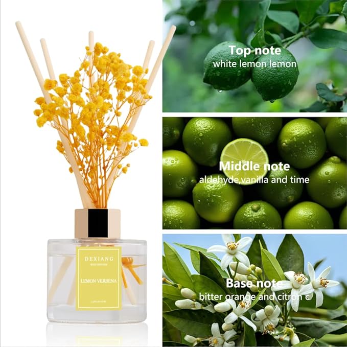 Reed Diffuser Set - 3.38 fl oz (100ml) Lemon Verbena Essential Oil with 6 Reed Sticks | Home & Bathroom Decor