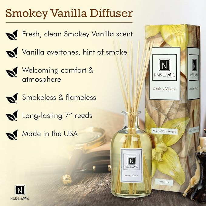 Nabila K Smokey Vanilla Reed Diffuser Set – Warm Fruity & Woodsy Aromatic Oil for Home – Long-Lasting, Smokeless Scent – Made in USA – Includes Reeds + Bottle – Flameless Candle Alternative