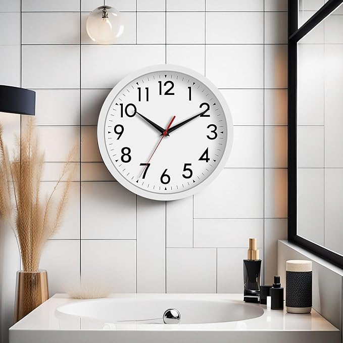 12 Inch Wall Clock Battery Operated Silent Non Ticking Analog Modern Decorative for Office Kitchen Outdoor Living Room Classroom Bedroom Bathroom School(White)