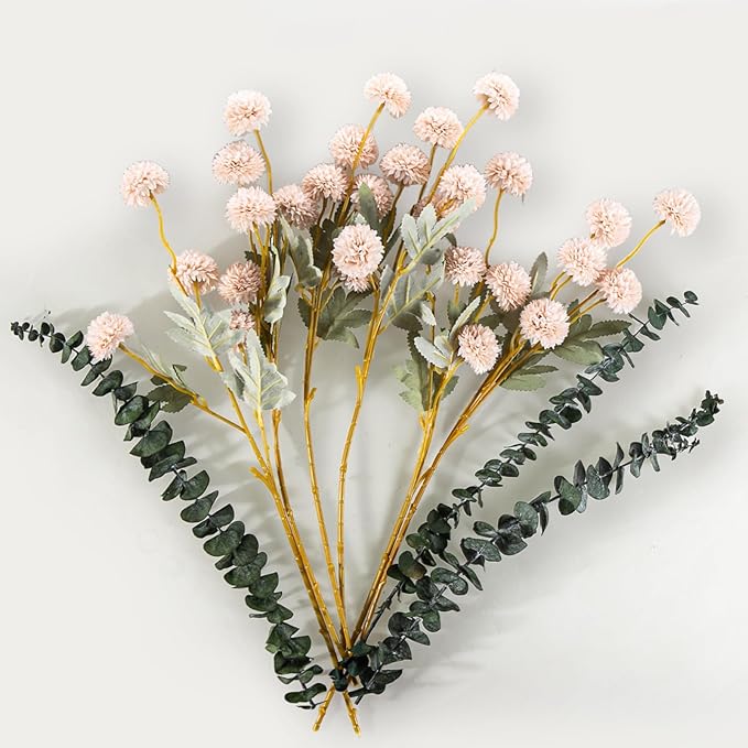 6 Artificial Silk Flowers + 3 Eucalyptus, Artificial Chrysanthemums with Stems for Home Decor, Beige