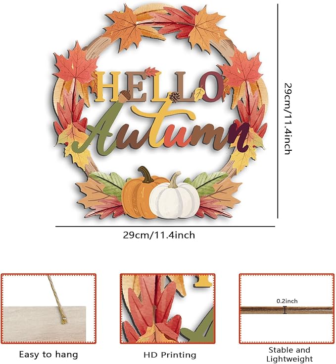 COLOR VALLEY ART Hello Autumn Wreath Sign, Fall Maple Leaf Wall Decor with Pumpkins, Rustic Wooden Thanksgiving Decoration, 11.4L''x11.4W'' (Maple Leaf Wreaths)