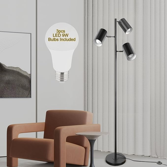 Tree Floor Lamp with 3 Light 9W E26 LED Bulbs,Black Standing Tall Pole Lamp with 3 Adjustable Rotating Lights,Modern Floor Lamp for Living Room Bedroom Office,Reading Room