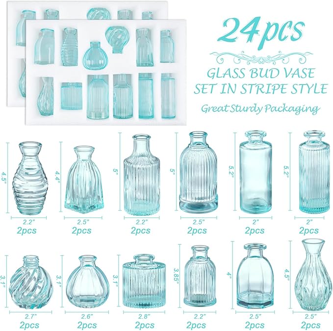 Bud Vases in Bulk 24, Blue Glass Vase, Small Vases for Flowers, Modern Ribbed Glass Bud Vase Wedding Flower Vase Blue Decor Baby Shower Party Centerpieces Home Room Table Decorations
