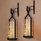 Metal Wall Sconce 35 Led Lantern Set of 2 - Black Wall Mounted Hanging Holder with Glass & Candles Vintage Wall Decor for Porch, Living Room, Dining Room, Bedroom Indoor Decor