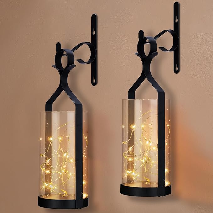 Metal Wall Sconce 35 Led Lantern Set of 2 - Black Wall Mounted Hanging Holder with Glass & Candles Vintage Wall Decor for Porch, Living Room, Dining Room, Bedroom Indoor Decor